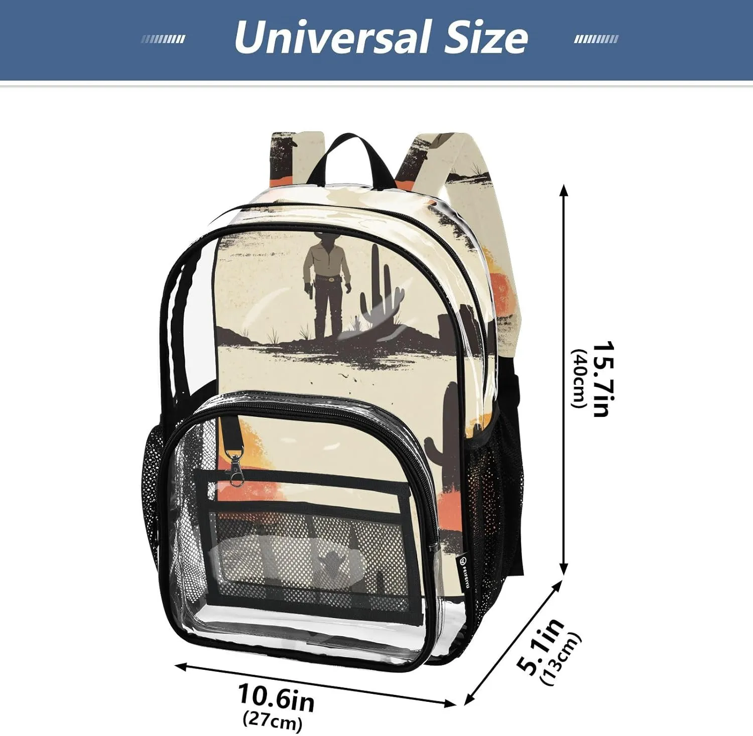 Kids Clear Backpack School Clear Backpack For Teen Girls See Through Transparent PVC Back Pack Western Cowboy Cactus Boots Gun Spurs Vast Desert Sparkling