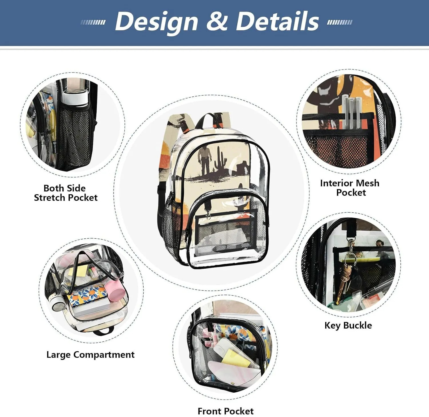 Kids Clear Backpack School Clear Backpack For Teen Girls See Through Transparent PVC Back Pack Western Cowboy Cactus Boots Gun Spurs Vast Desert Sparkling