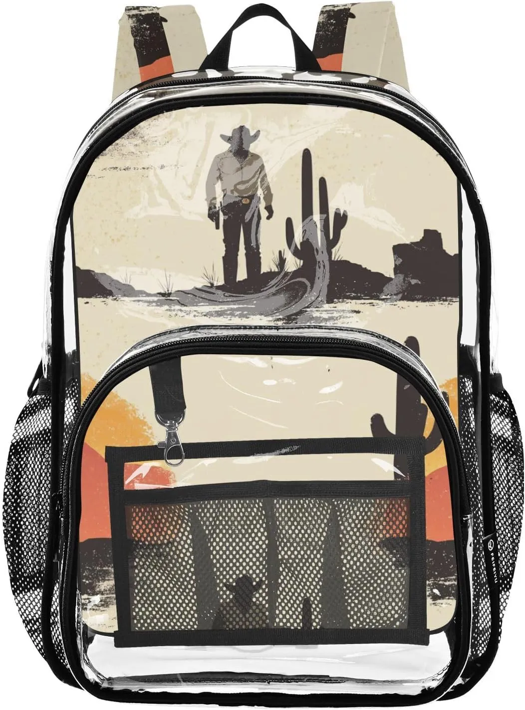 Kids Clear Backpack School Clear Backpack For Teen Girls See Through Transparent PVC Back Pack Western Cowboy Cactus Boots Gun Spurs Vast Desert Sparkling