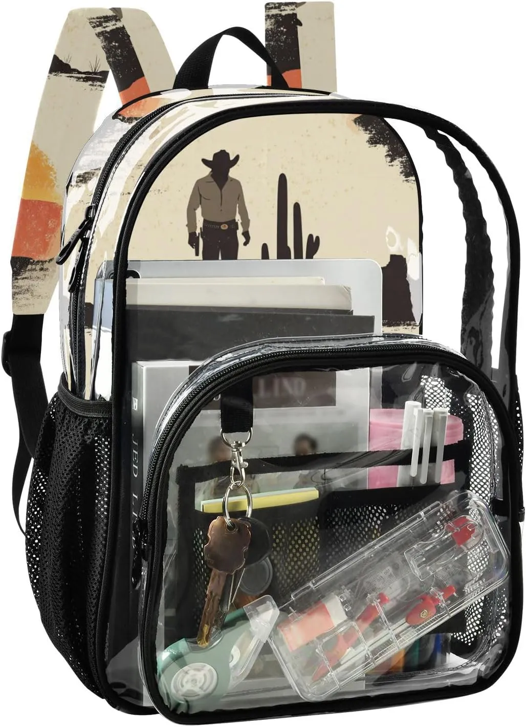 Kids Clear Backpack School Clear Backpack For Teen Girls See Through Transparent PVC Back Pack Western Cowboy Cactus Boots Gun Spurs Vast Desert Sparkling