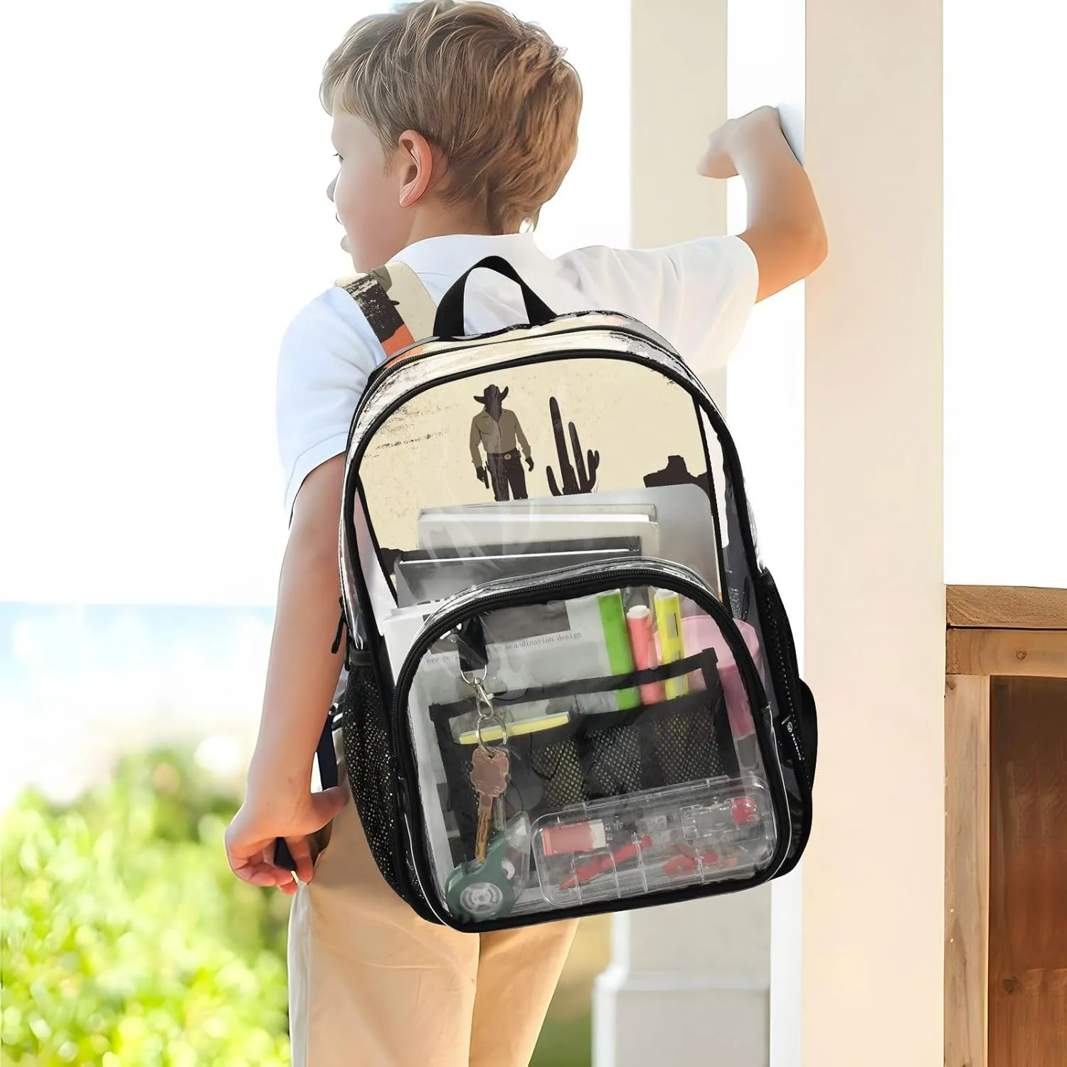 Kids Clear Backpack School Clear Backpack For Teen Girls See Through Transparent PVC Back Pack Western Cowboy Cactus Boots Gun Spurs Vast Desert Sparkling
