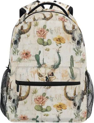 KLL Laptop Backpack for Teacher Nurse Waterproof Business Work Bag with Chest Strap for Business Work College Travel Trip Western Cowboy Boho Cactus Skull Vast Wilderness