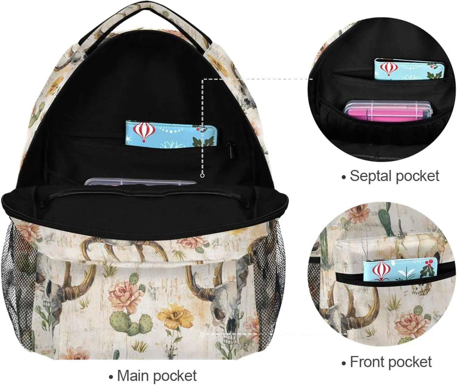 KLL Laptop Backpack for Teacher Nurse Waterproof Business Work Bag with Chest Strap for Business Work College Travel Trip Western Cowboy Boho Cactus Skull Vast Wilderness