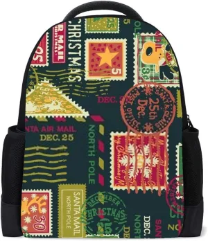 Kuizee Backpack Daypack Daily Rucksack ﻿Christmas Postage Stamps Elements Cute Green Book Bags Casual Bags Durable Polyester College School Travel 11×16Inch