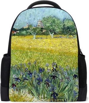 Kuizee Classic Backpack Adjustable Padded Shoulder Straps Daypack ﻿Post Impressionist Oil Painting Wheat Field Village Rural Book Bag Casual Bags Durable College School Daily 16Inch
