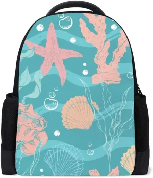 Kuizee Classic Backpack Schoolbag Adjustable Padded Shoulder Straps Daypack ﻿Marine Sea World Underwater with Corals Algae Blue Casual Bags Durable College Daily 16Inch