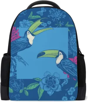 Kuizee Classic Backpack Schoolbag Adjustable Padded Shoulder Straps Daypack ﻿Toucans Birds Beautiful Flowers Peonies Vintage Blue Casual Bags Durable College Daily 16Inch