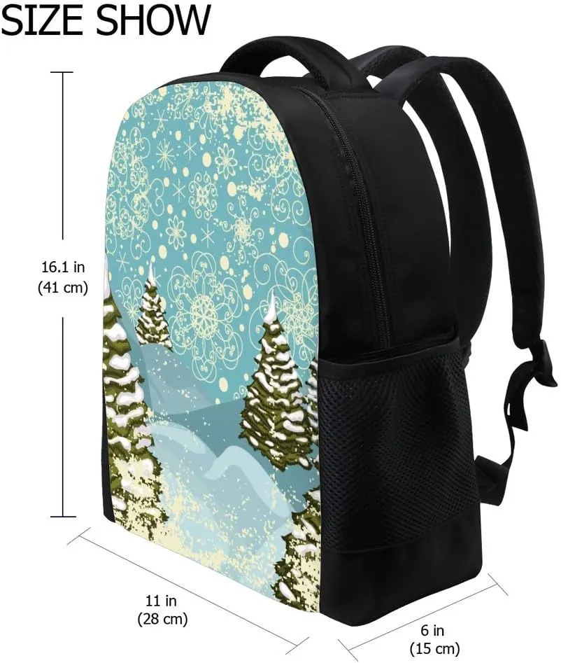 Kuizee Classic Backpack Schoolbag Adjustable Padded Shoulder Straps Daypack ﻿Winter Snowy Christmas Trees Blue Casual Bags Durable College Daily 16Inch