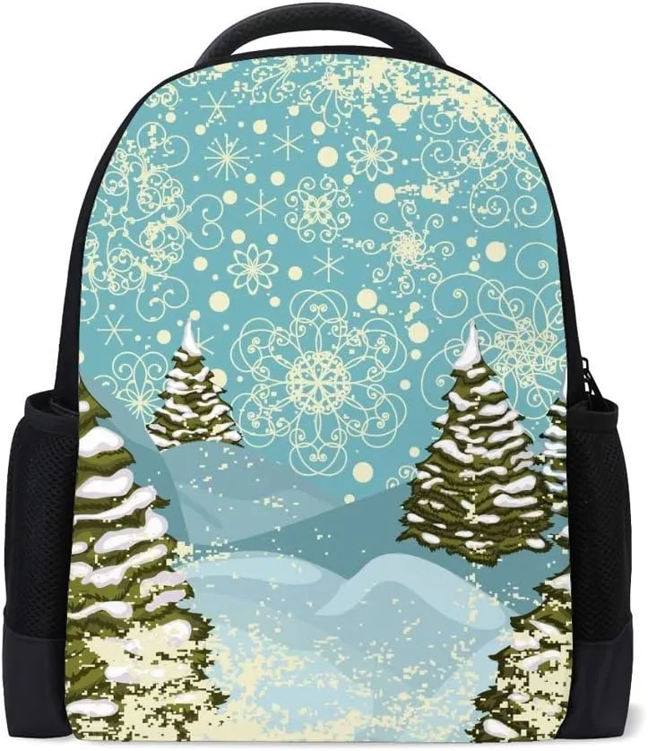 Kuizee Classic Backpack Schoolbag Adjustable Padded Shoulder Straps Daypack ﻿Winter Snowy Christmas Trees Blue Casual Bags Durable College Daily 16Inch