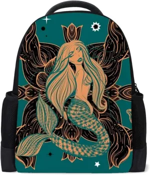 Kuizee School Bag Backpack Daypack ﻿Boho Mermaid Vintage Gypsy Style Book Bag Casual Bags Durable College School Travel Daily 16Inch