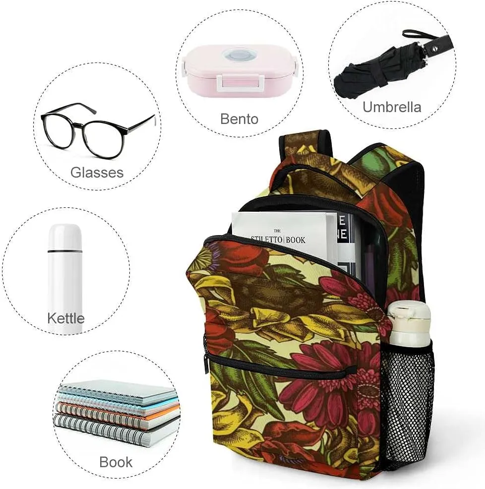 Kuizee Travel Laptop Backpack Business Daypack Work Bookbag Colorful Hand Drawn Flowers Durable iPad Tablet School College Book Bags Casual Bags for Men and Women