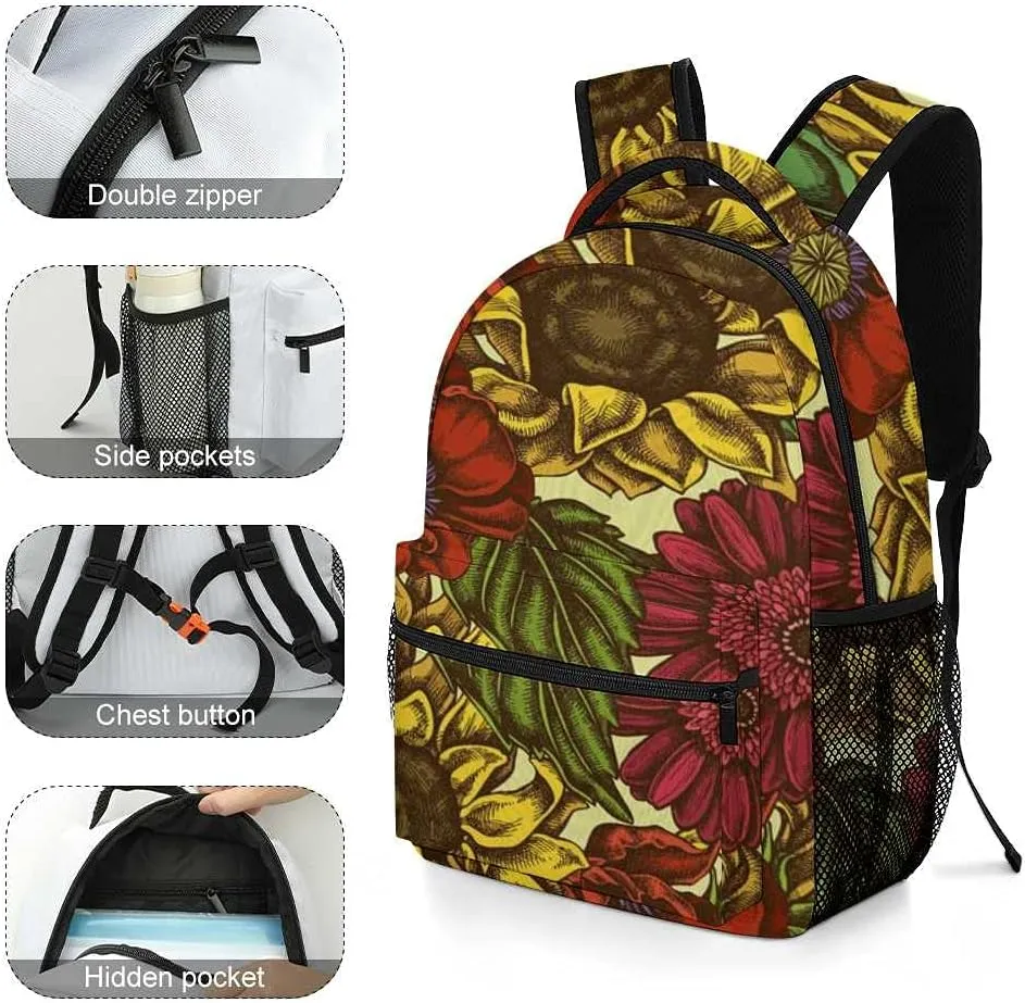 Kuizee Travel Laptop Backpack Business Daypack Work Bookbag Colorful Hand Drawn Flowers Durable iPad Tablet School College Book Bags Casual Bags for Men and Women