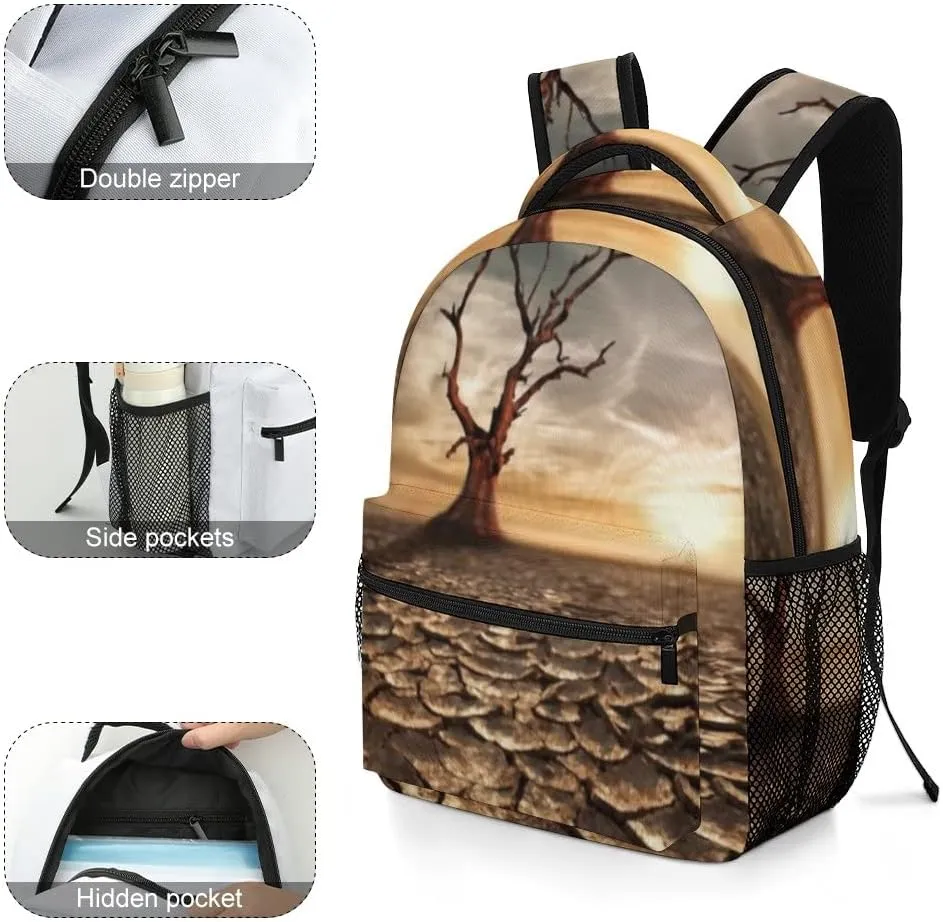 Kuizee Travel Laptop Backpack Business Daypack Work Bookbag Global Warming Concept Arid Desert Durable iPad Tablet School College Book Bags Casual Bags for Men and Women