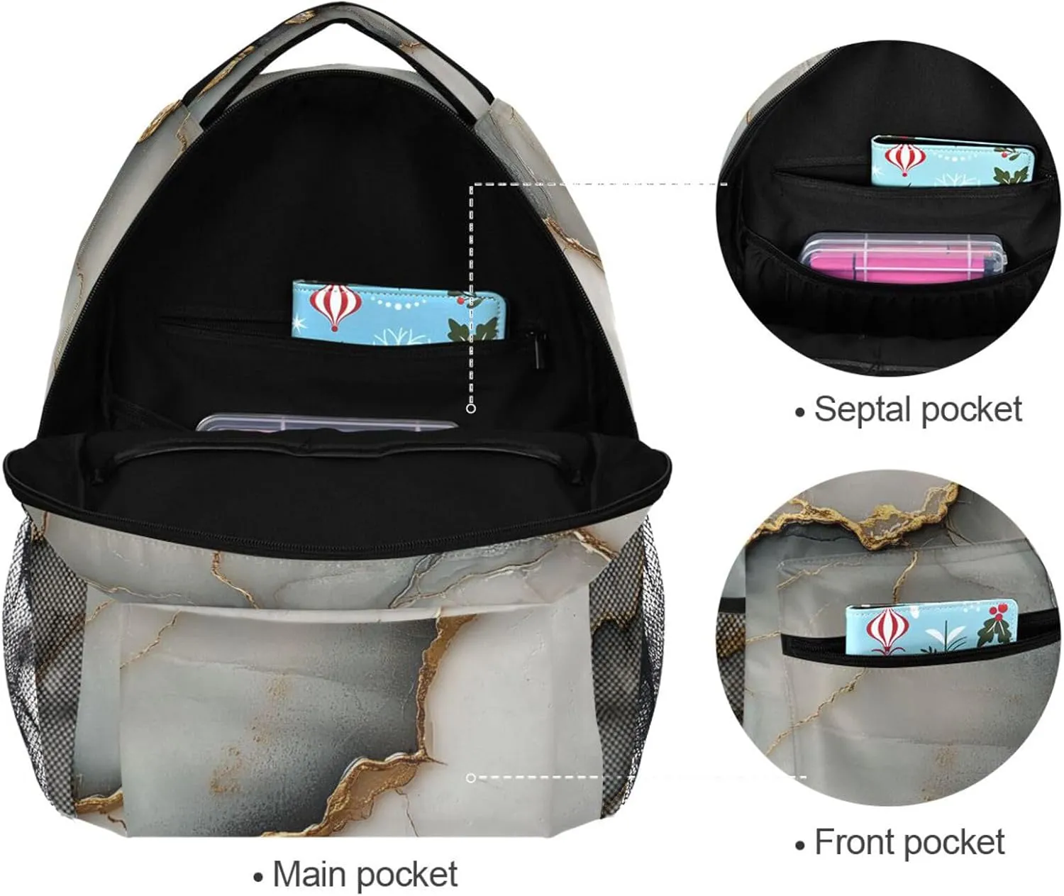 Laptop Backpack for Men Women Waterproof College School Computer Bag with Chest Strap for Travel Trip Marble White White