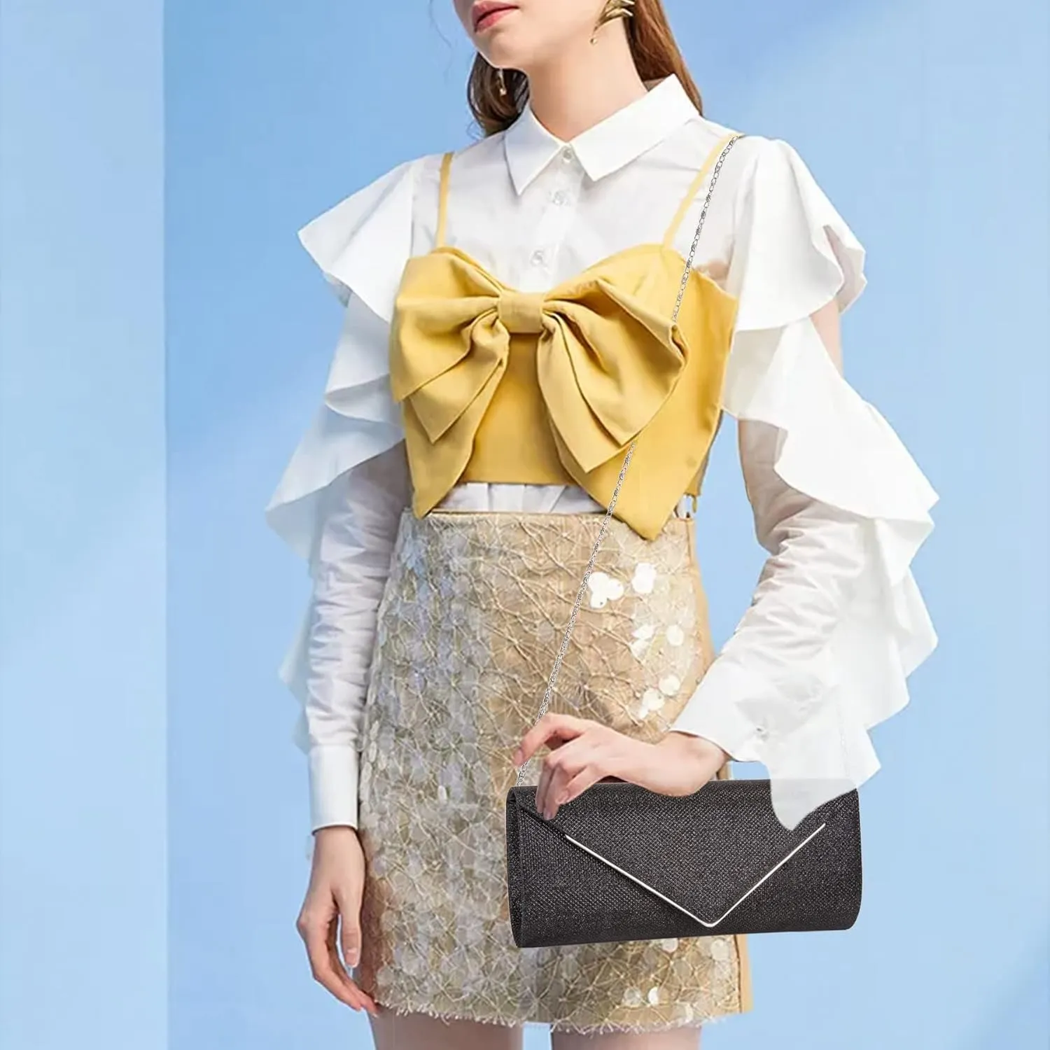 Larcenciel Clutch Purses for Women, Sparkling Envelope Evening Bag with Detachable Chain