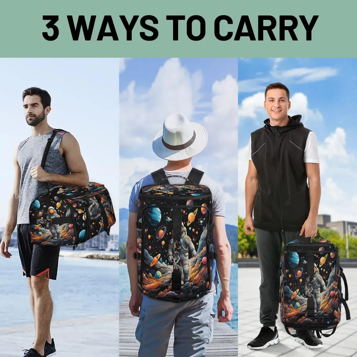 Large Carry on Backpack for Women Men Multi-function Gym Duffle Bag Astronaut Planets Backpack Polyester Waterproof Duffel Bags