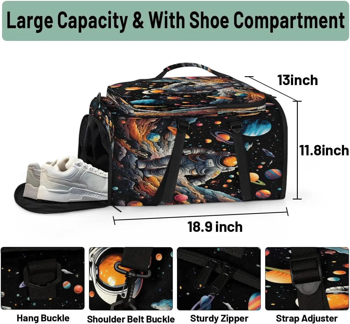 Large Carry on Backpack for Women Men Multi-function Gym Duffle Bag Astronaut Planets Backpack Polyester Waterproof Duffel Bags