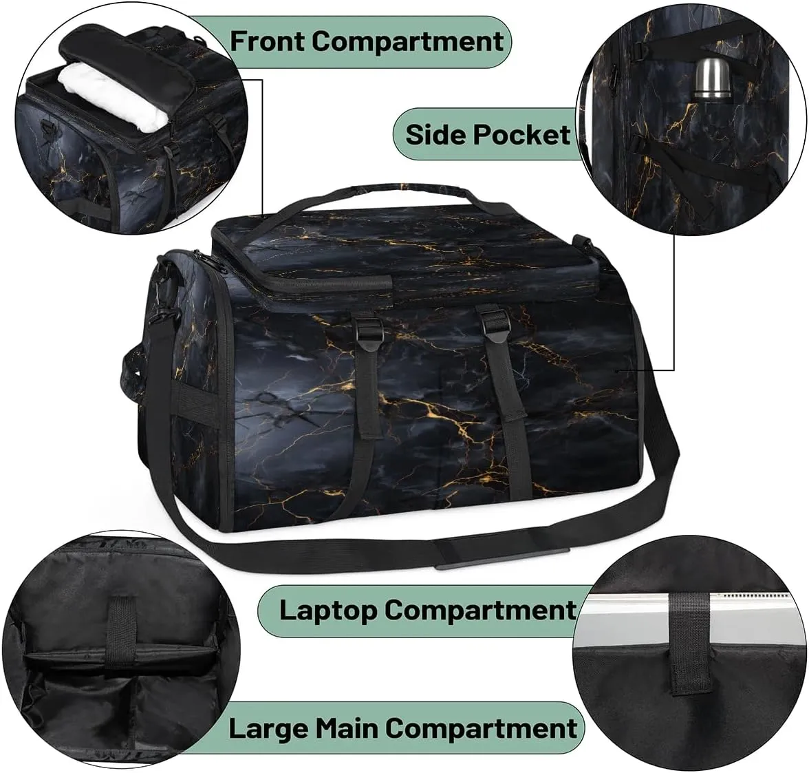 Large Carry on Backpack for Women Men Multi-function Gym Duffle Bag Black Marble Style Backpack Polyester Waterproof Duffel Bags