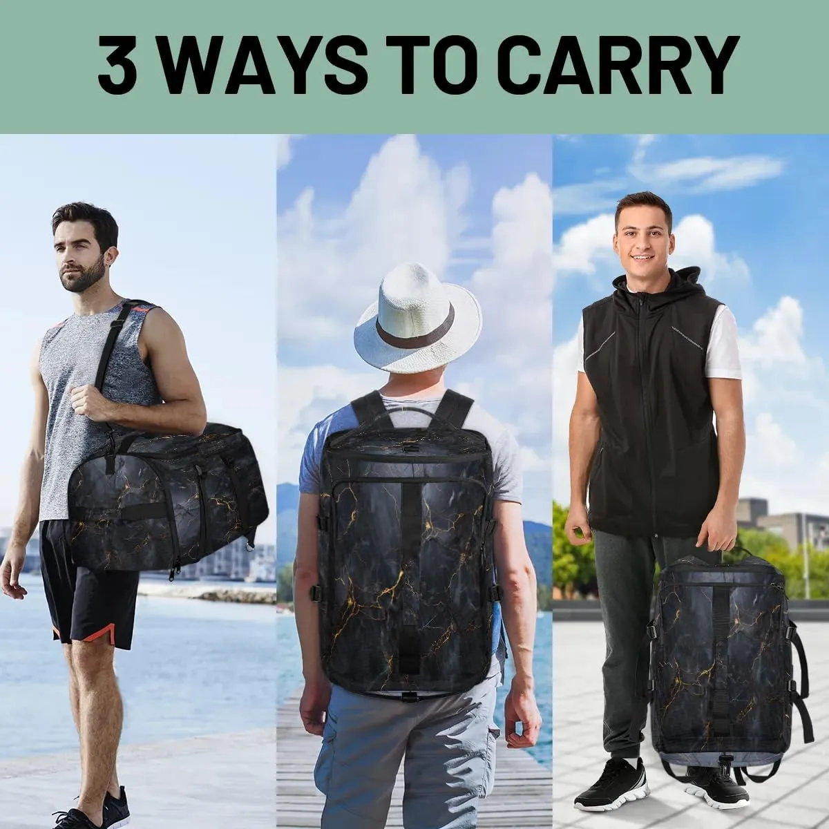 Large Carry on Backpack for Women Men Multi-function Gym Duffle Bag Black Marble Style Backpack Polyester Waterproof Duffel Bags