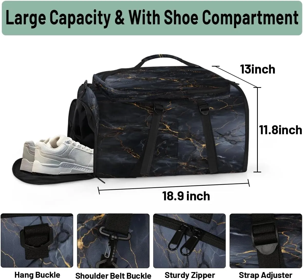 Large Carry on Backpack for Women Men Multi-function Gym Duffle Bag Black Marble Style Backpack Polyester Waterproof Duffel Bags