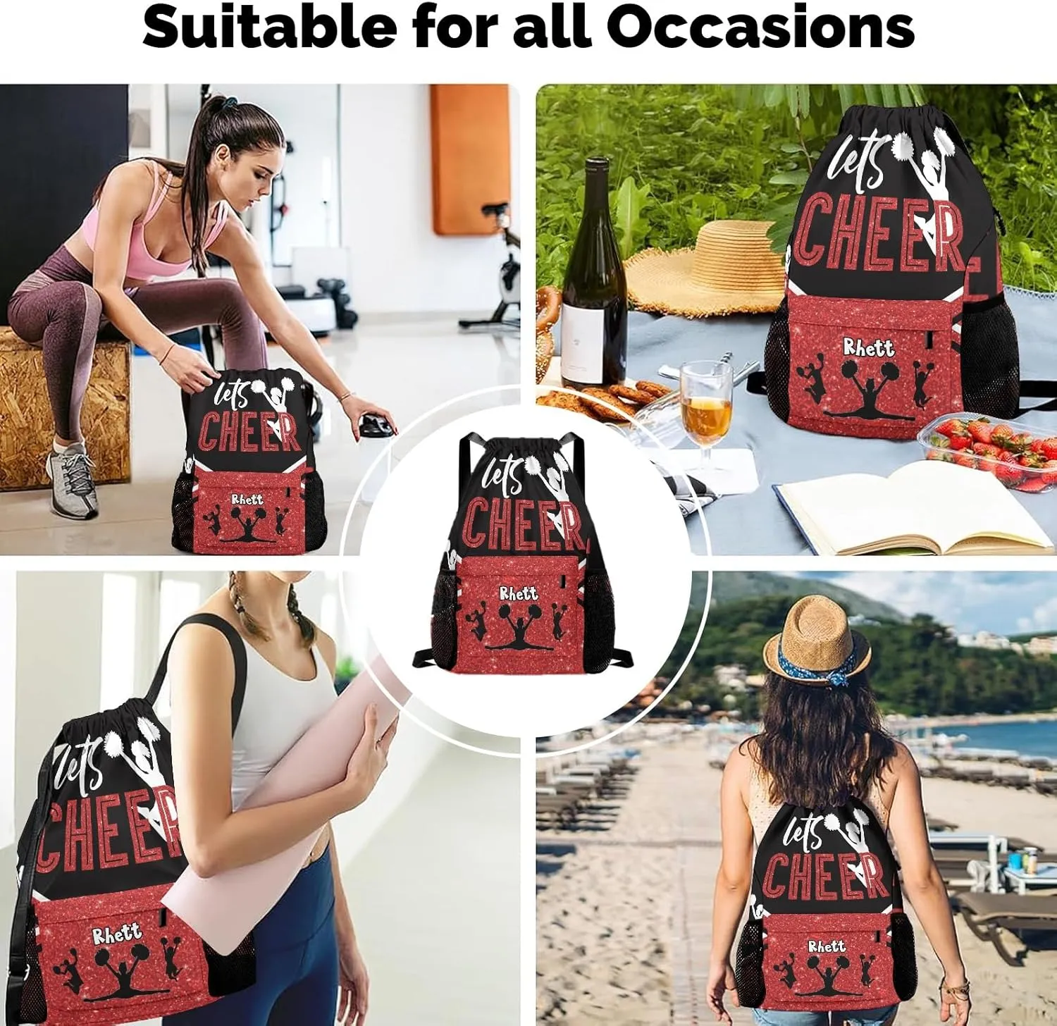 Lets Cheer Red Glitter Cheerleader Drawstring Overnight Travel Bag for Sports Workout Girls Boys,Personalized Gym Bag Customized Gifts