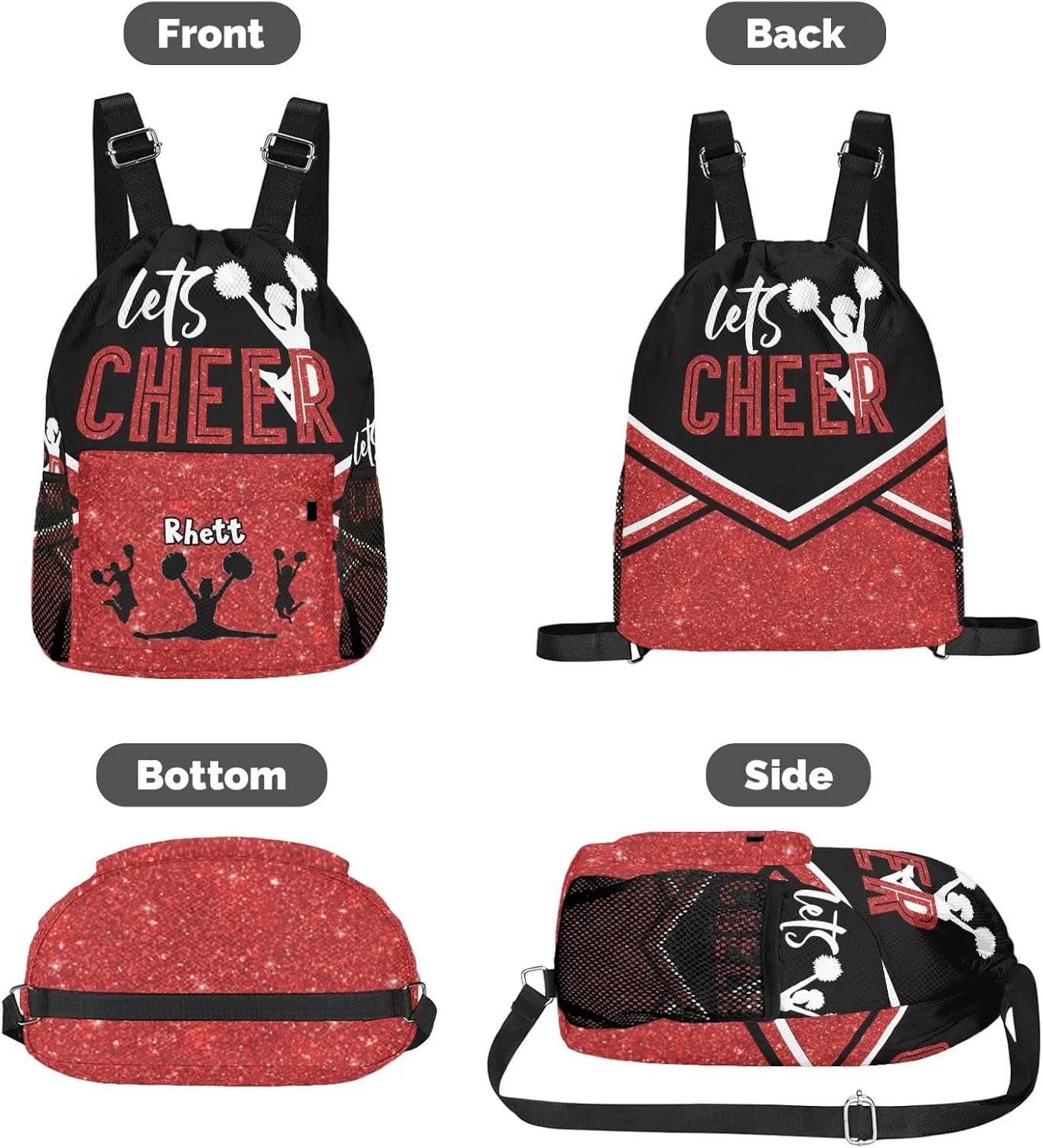 Lets Cheer Red Glitter Cheerleader Drawstring Overnight Travel Bag for Sports Workout Girls Boys,Personalized Gym Bag Customized Gifts