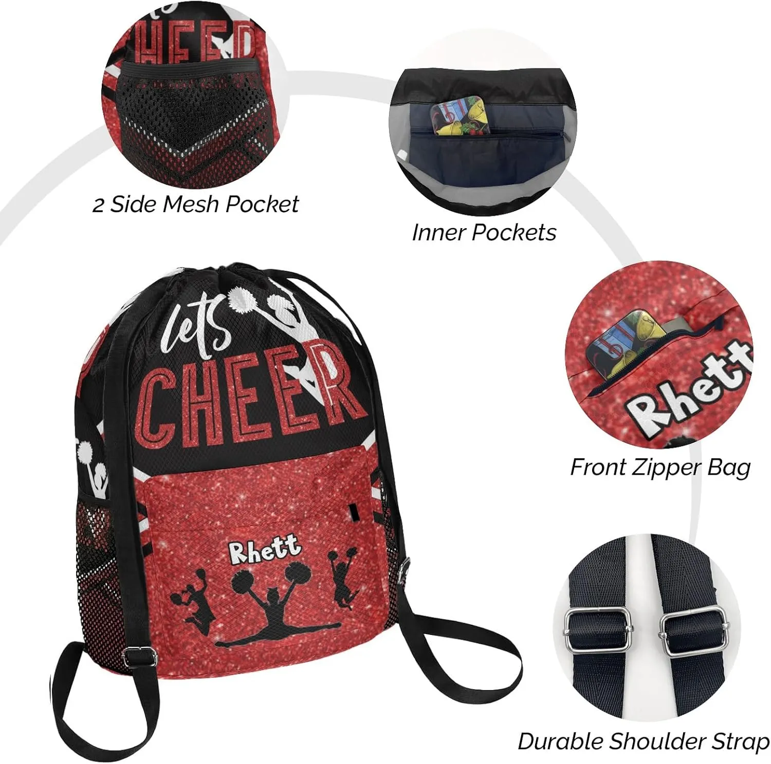 Lets Cheer Red Glitter Cheerleader Drawstring Overnight Travel Bag for Sports Workout Girls Boys,Personalized Gym Bag Customized Gifts