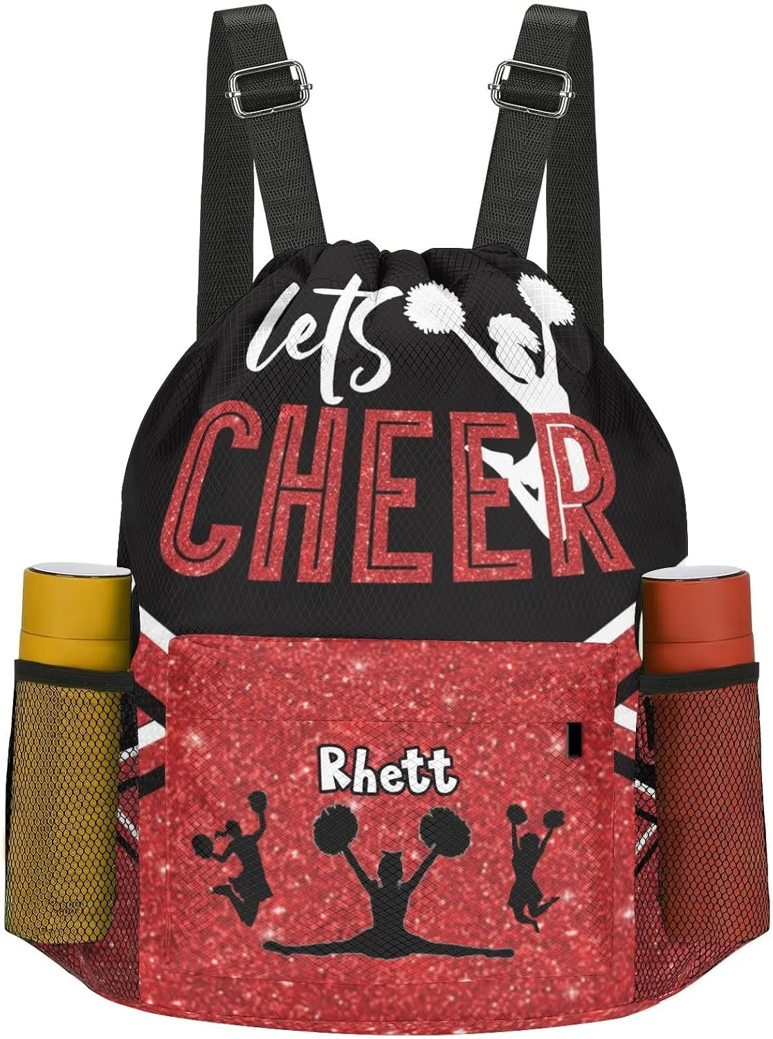 Lets Cheer Red Glitter Cheerleader Drawstring Overnight Travel Bag for Sports Workout Girls Boys,Personalized Gym Bag Customized Gifts