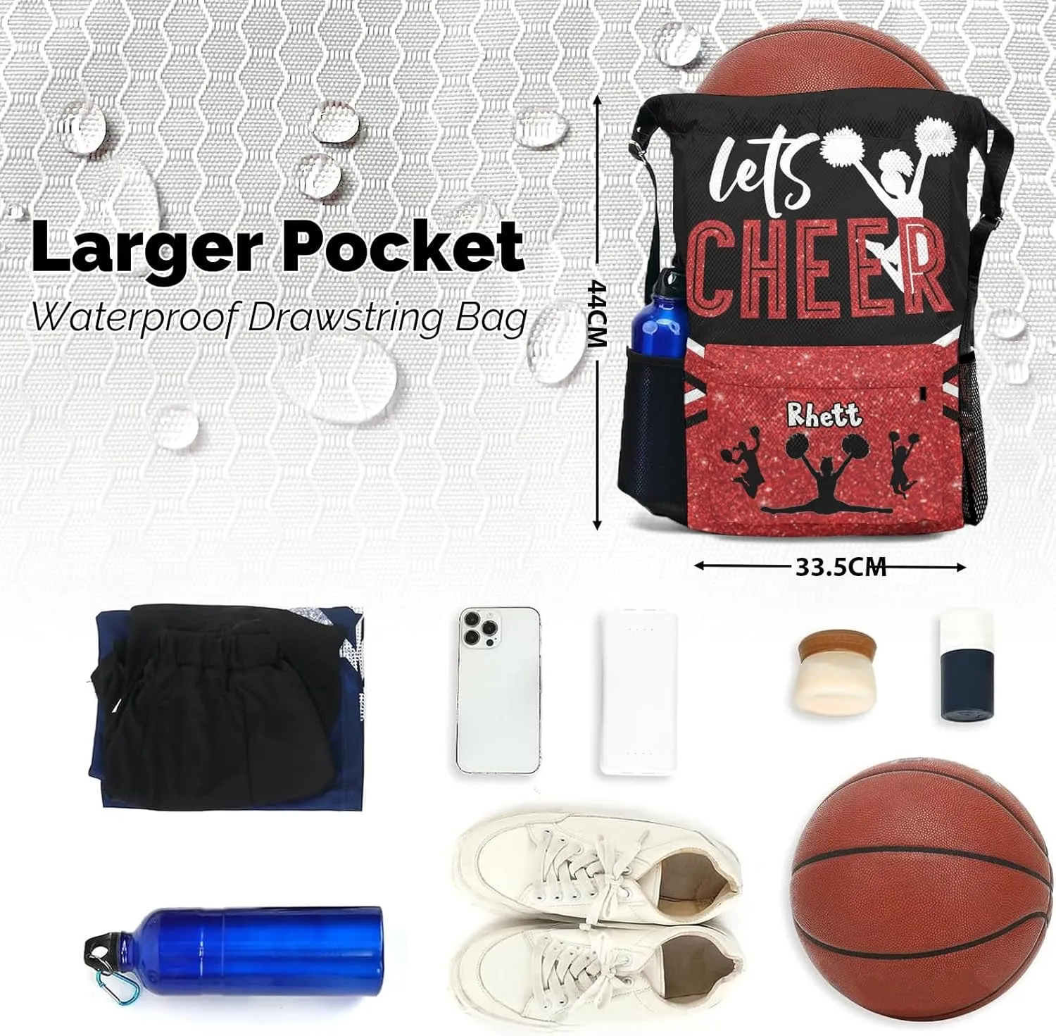 Lets Cheer Red Glitter Cheerleader Drawstring Overnight Travel Bag for Sports Workout Girls Boys,Personalized Gym Bag Customized Gifts