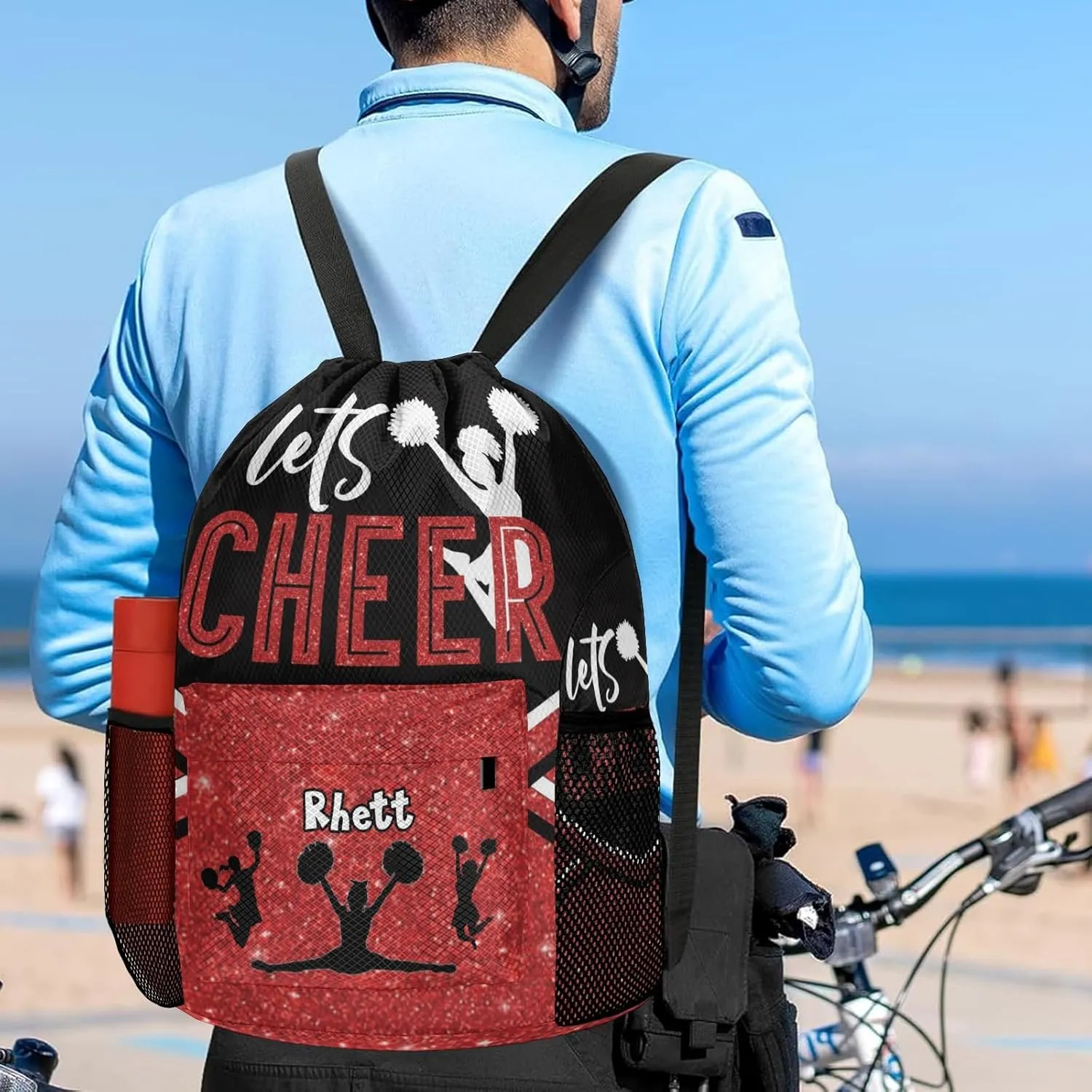Lets Cheer Red Glitter Cheerleader Drawstring Overnight Travel Bag for Sports Workout Girls Boys,Personalized Gym Bag Customized Gifts