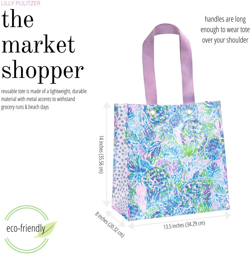 Lilly Pulitzer Purple/Blue Market Shopper Bag, Reusable Grocery Tote with Comfortable Shoulder Straps, Shell of a Party