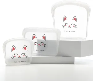 LILY & EDITH Cat Reusable Sandwich Bag/Snack Bag, Silicone Bag, Travel Pouch, BPA Free, Food-Safe Storage, Leakproof, Airtight, Dishwasher & Microwave & Freezer Safe, Cook, Store (3Pk White), Medium