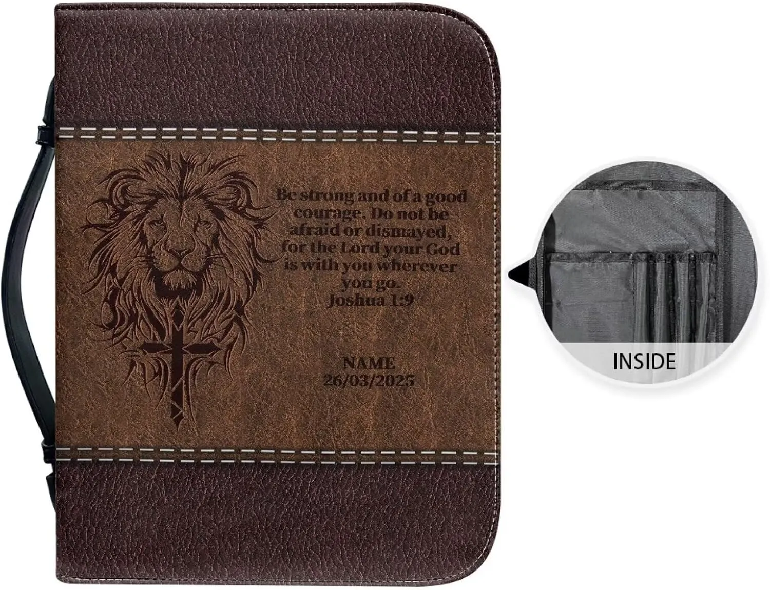 Lion Cross PU Leather Bible Cover for Men Extra Large Size Bible Carrying Case for Boys, Multi-Functional Church Bag with Handle Strap