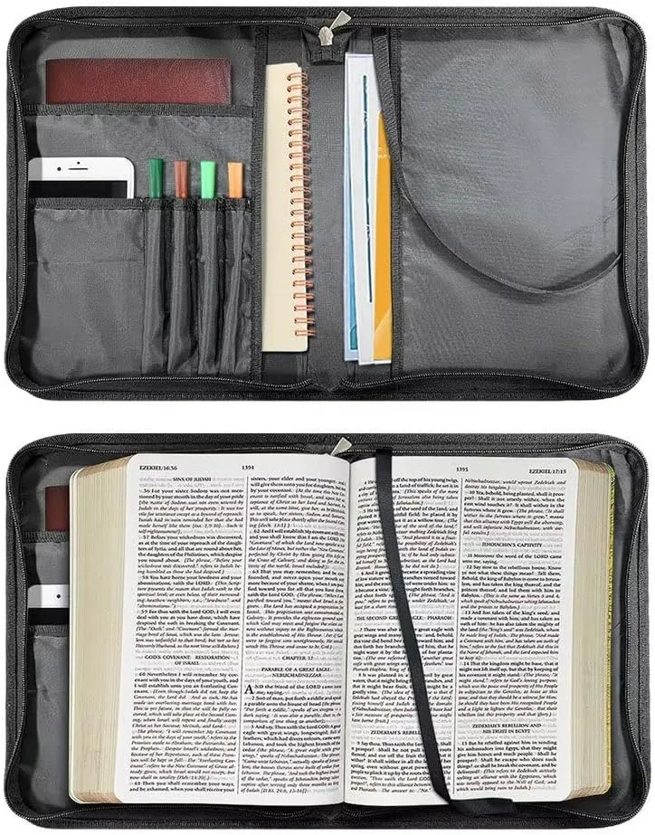 Lion Cross PU Leather Bible Cover for Men Extra Large Size Bible Carrying Case for Boys, Multi-Functional Church Bag with Handle Strap