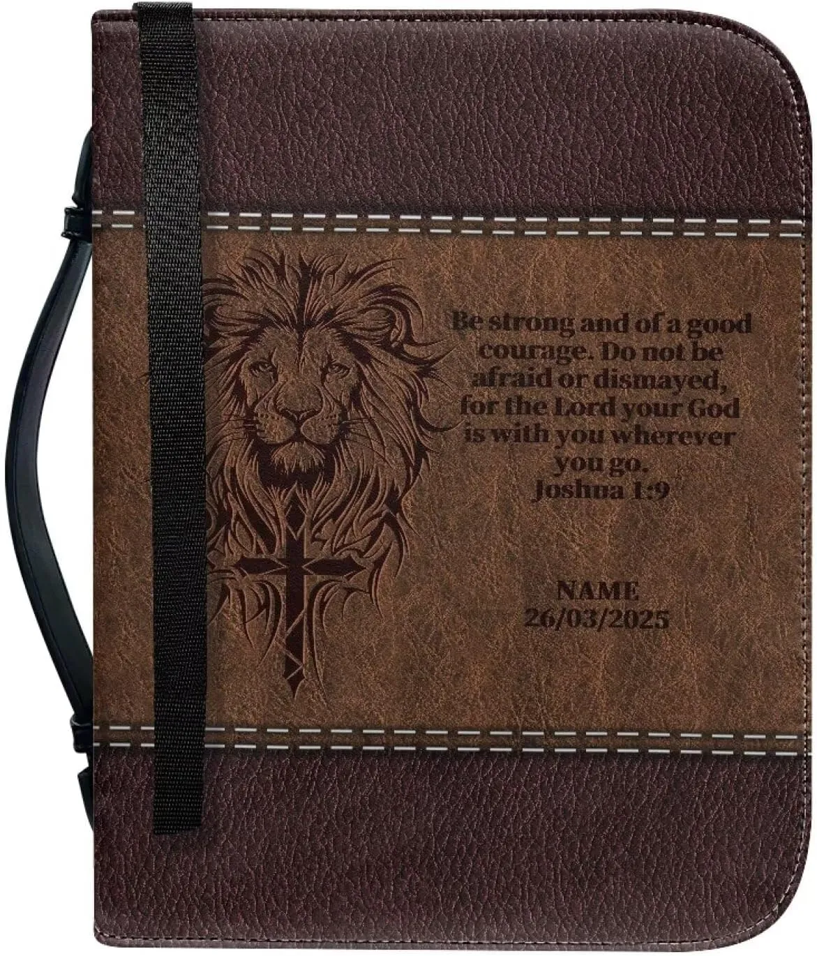 Lion Cross PU Leather Bible Cover for Men Extra Large Size Bible Carrying Case for Boys, Multi-Functional Church Bag with Handle Strap