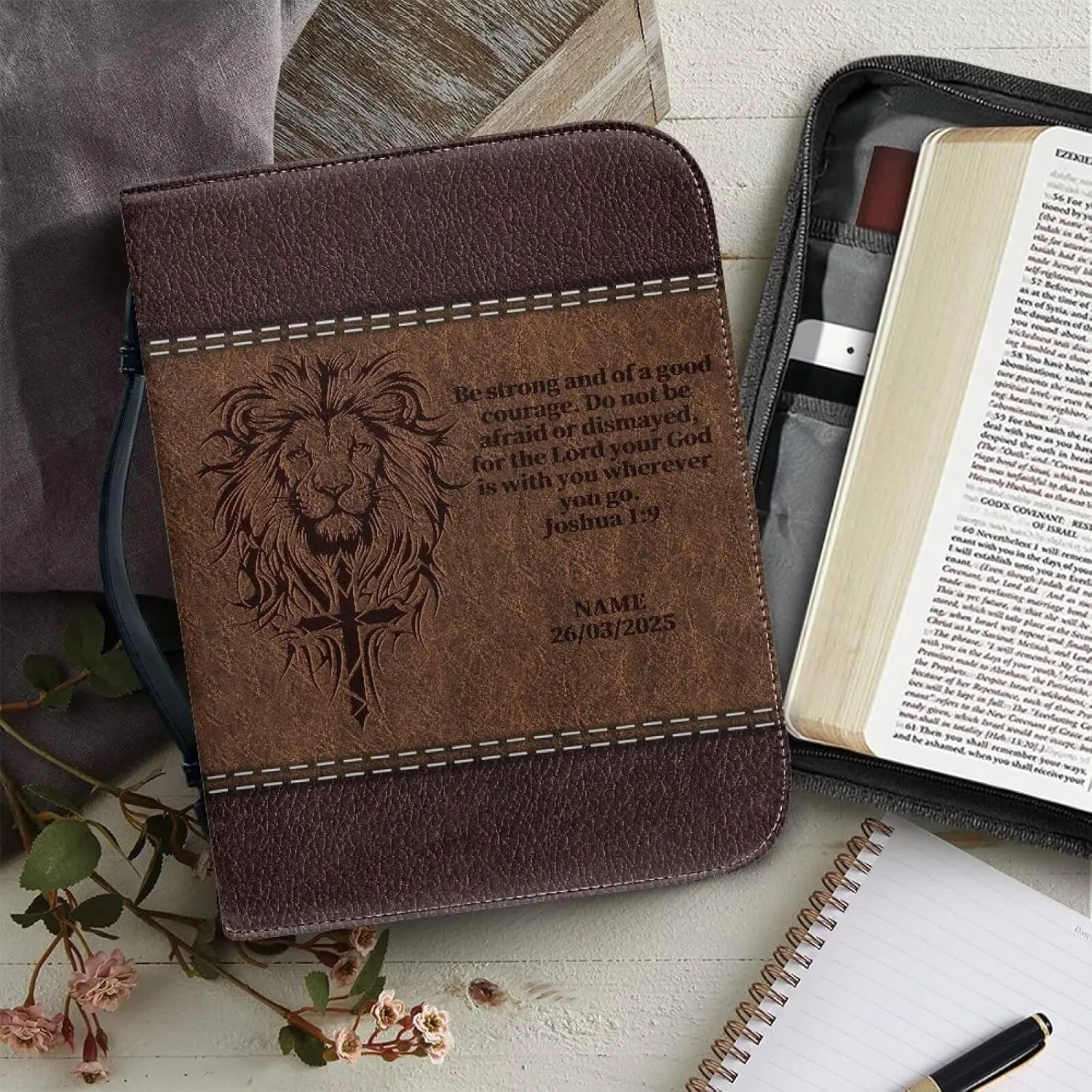 Lion Cross PU Leather Bible Cover for Men Extra Large Size Bible Carrying Case for Boys, Multi-Functional Church Bag with Handle Strap