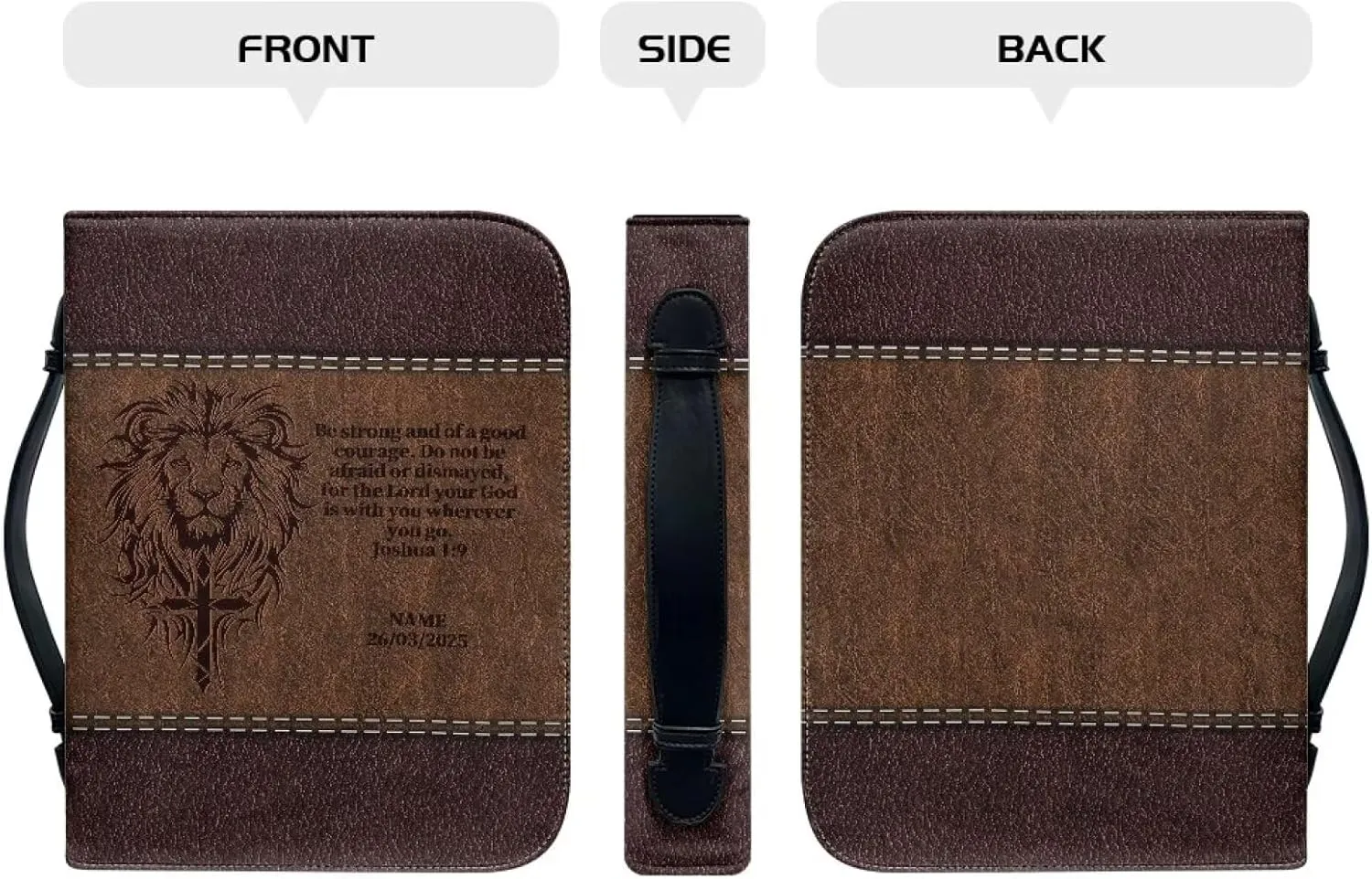 Lion Cross PU Leather Bible Cover for Men Extra Large Size Bible Carrying Case for Boys, Multi-Functional Church Bag with Handle Strap