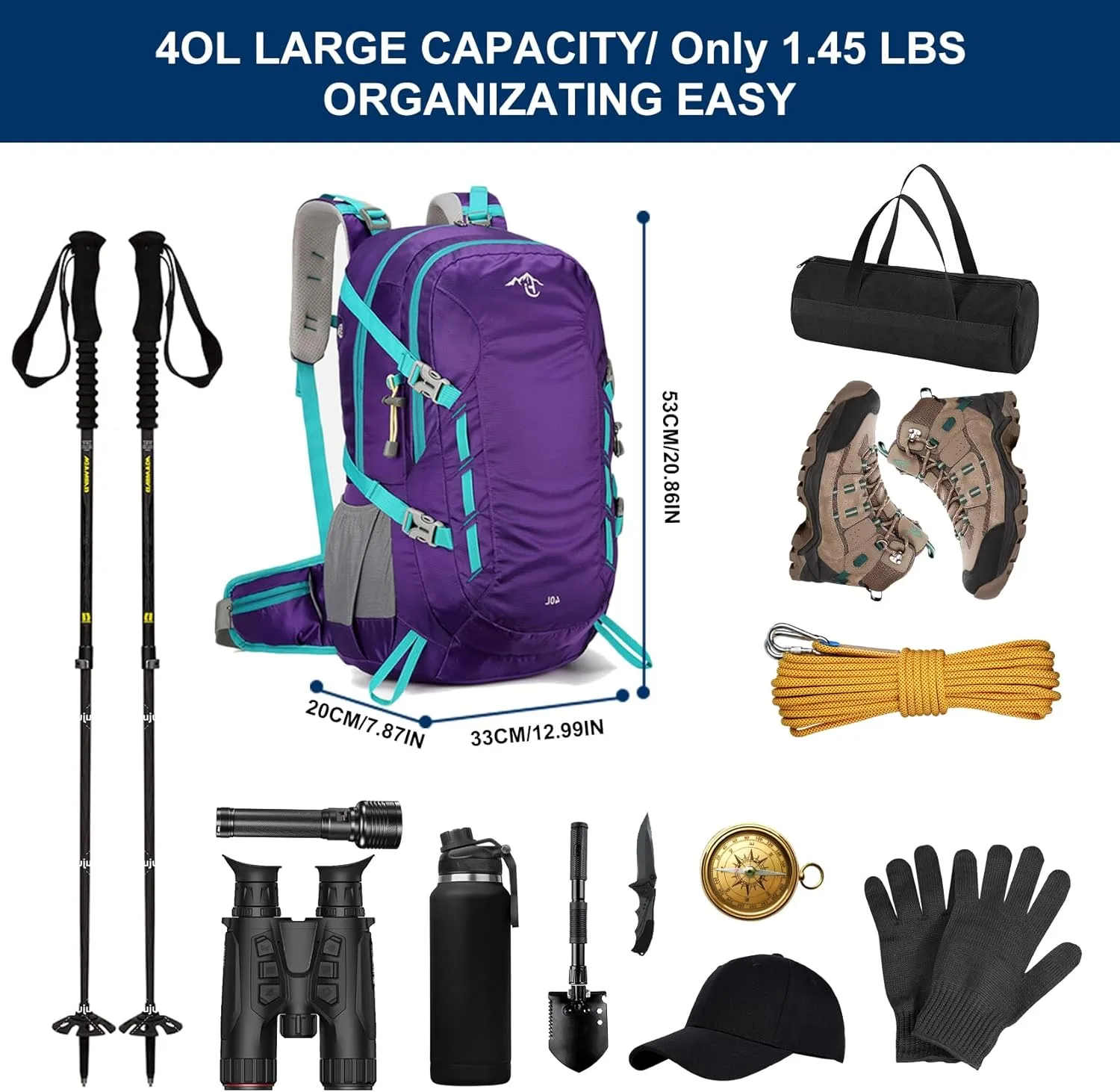 Long Keeper 40L Hiking Backpack Camping Daypack with Waterproof Rain Cover Lightweight Outdoor Sport Travel Backpack Rucksack (Purple)