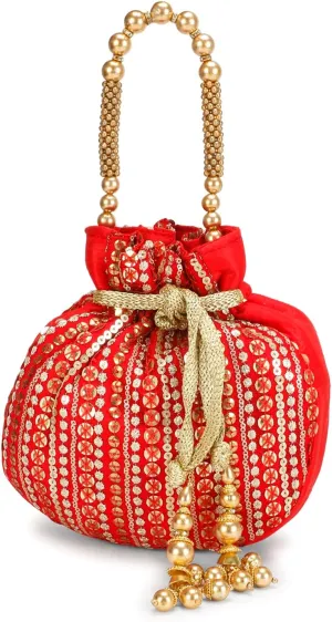 LONGING TO BUY Women's Potli Bag with Golden Handle - Ideal for Weddings & Parties