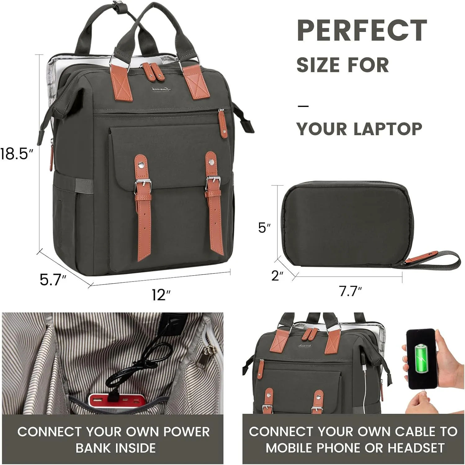 LOVEVOOK Laptop Backpack, Travel Bag with 17.3 inch Laptop Compartment, Water Resistant Teacher Nurse Doctor Work Bag, Anti-theft Daypack, Dark Grey Brown
