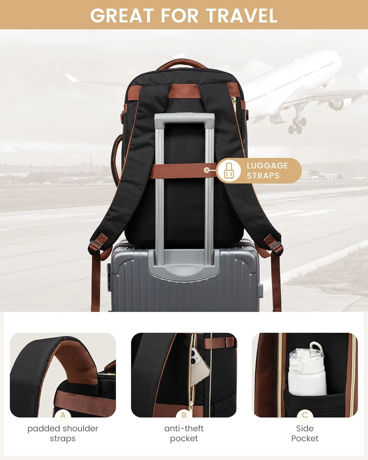LOVEVOOK Travel Essentials Carry on Backpack 40L Travels Backpack for Women,Waterproof TSA Personal Item Travels Bag Airline Flight Approved,Large Carry on Luggage Laptop Backpack with Packing Cubes