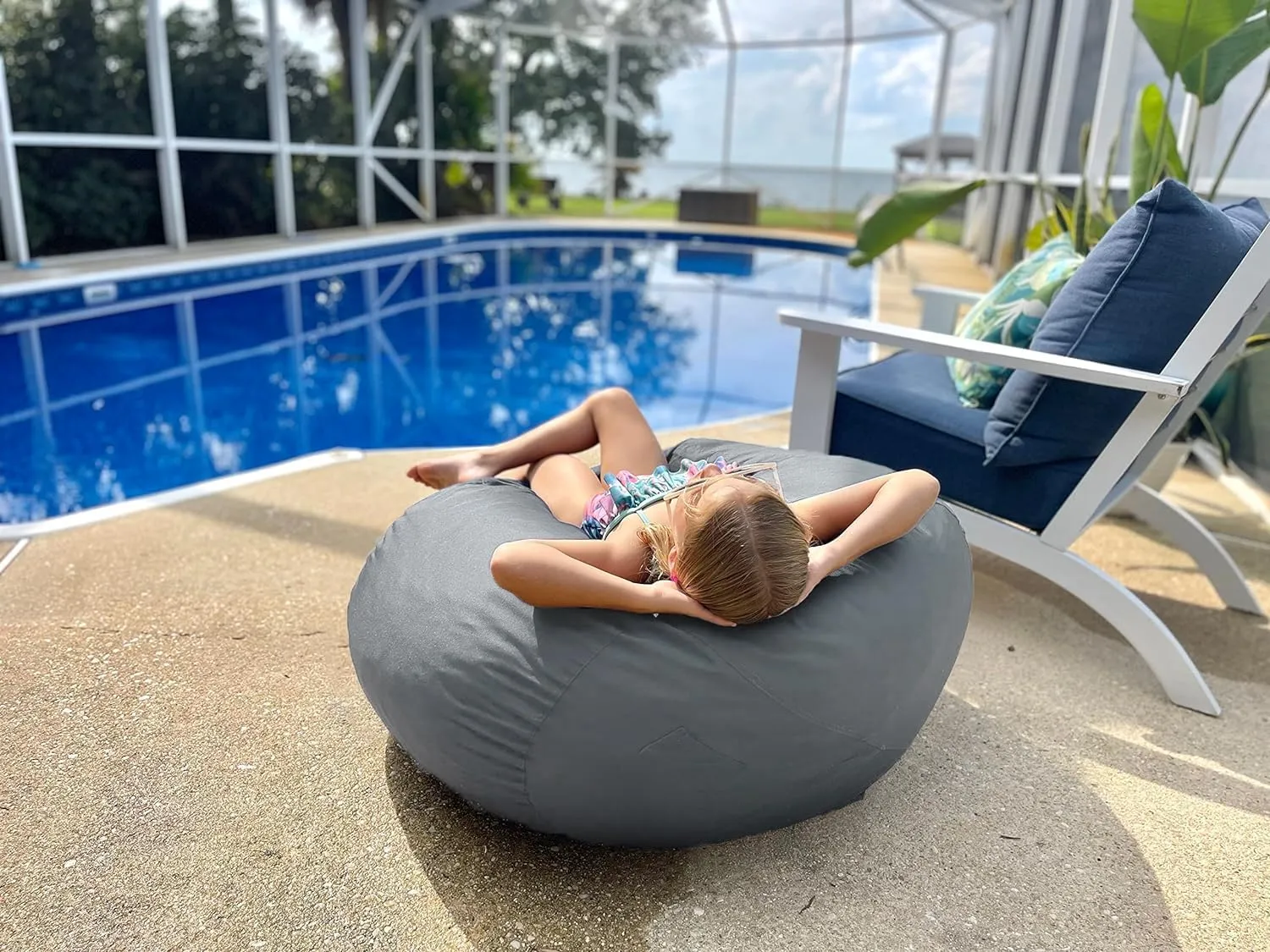 Lumaland Outdoor/Indoor Bean Bag 3ft, Water-Repellent and Fading-Resistant, Comfortable Sack Chair for Patio, Backyard, Frontyard, Deck, Garden, Swimming Pool and Home, Dark Grey