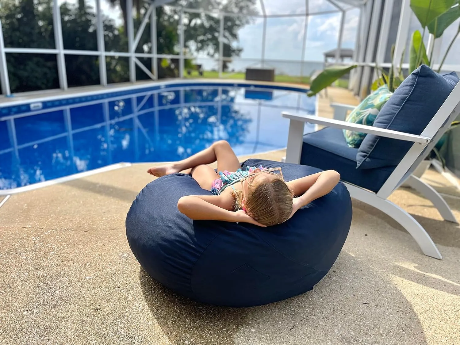 Lumaland Outdoor/Indoor Bean Bag 3ft, Water-Repellent and Fading-Resistant, Comfortable Sack Chair for Patio, Backyard, Frontyard, Deck, Garden, Swimming Pool and Home, Navy Blue