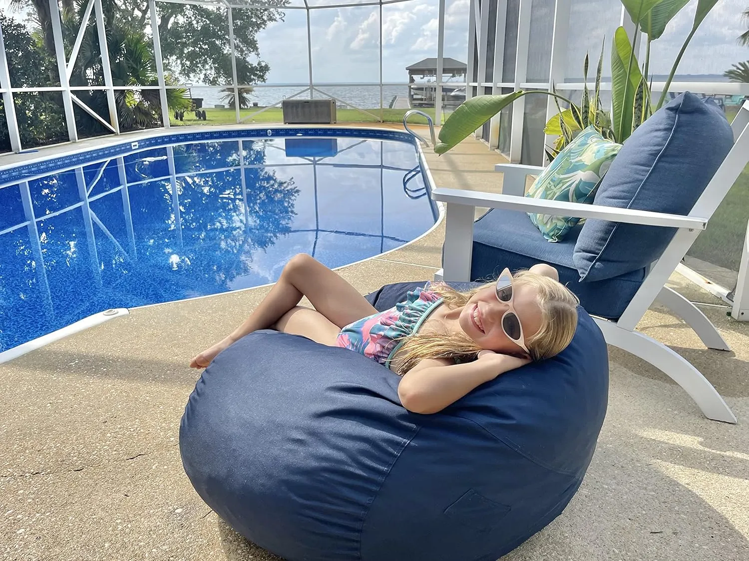 Lumaland Outdoor/Indoor Bean Bag 3ft, Water-Repellent and Fading-Resistant, Comfortable Sack Chair for Patio, Backyard, Frontyard, Deck, Garden, Swimming Pool and Home, Navy Blue