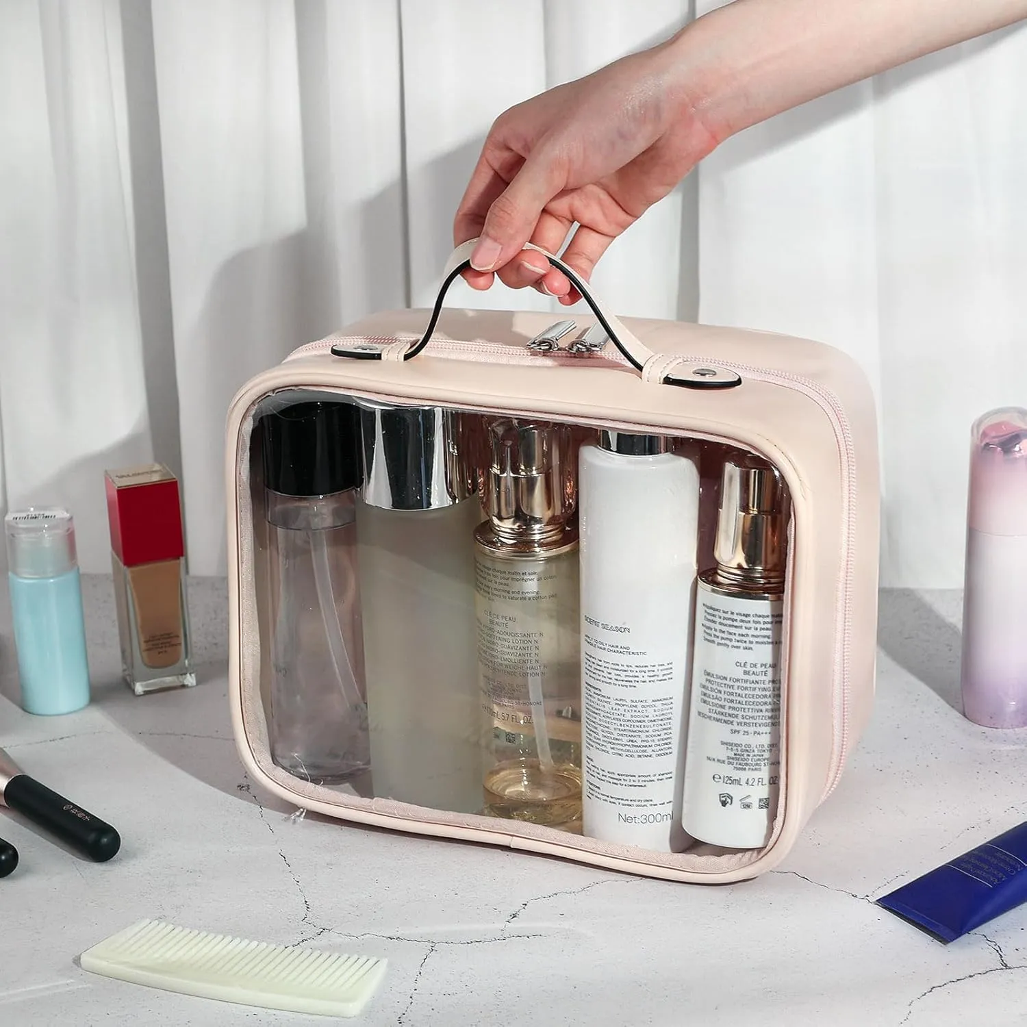 Lychii TSA Approved Toiletry Bag, Clear Travel Bag for Liquids Toiletries, Makeup Cosmetic Bag Organizer, Carry on Travel Accessories Essentials, Large Size, Pink