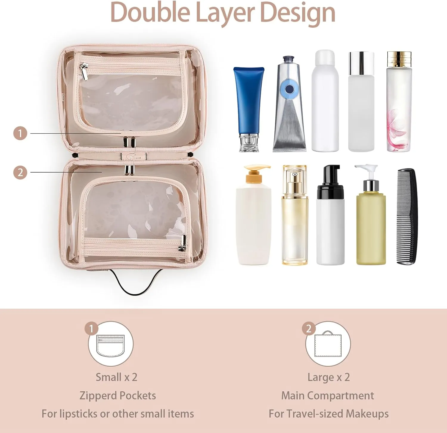 Lychii TSA Approved Toiletry Bag, Clear Travel Bag for Liquids Toiletries, Makeup Cosmetic Bag Organizer, Carry on Travel Accessories Essentials, Large Size, Pink