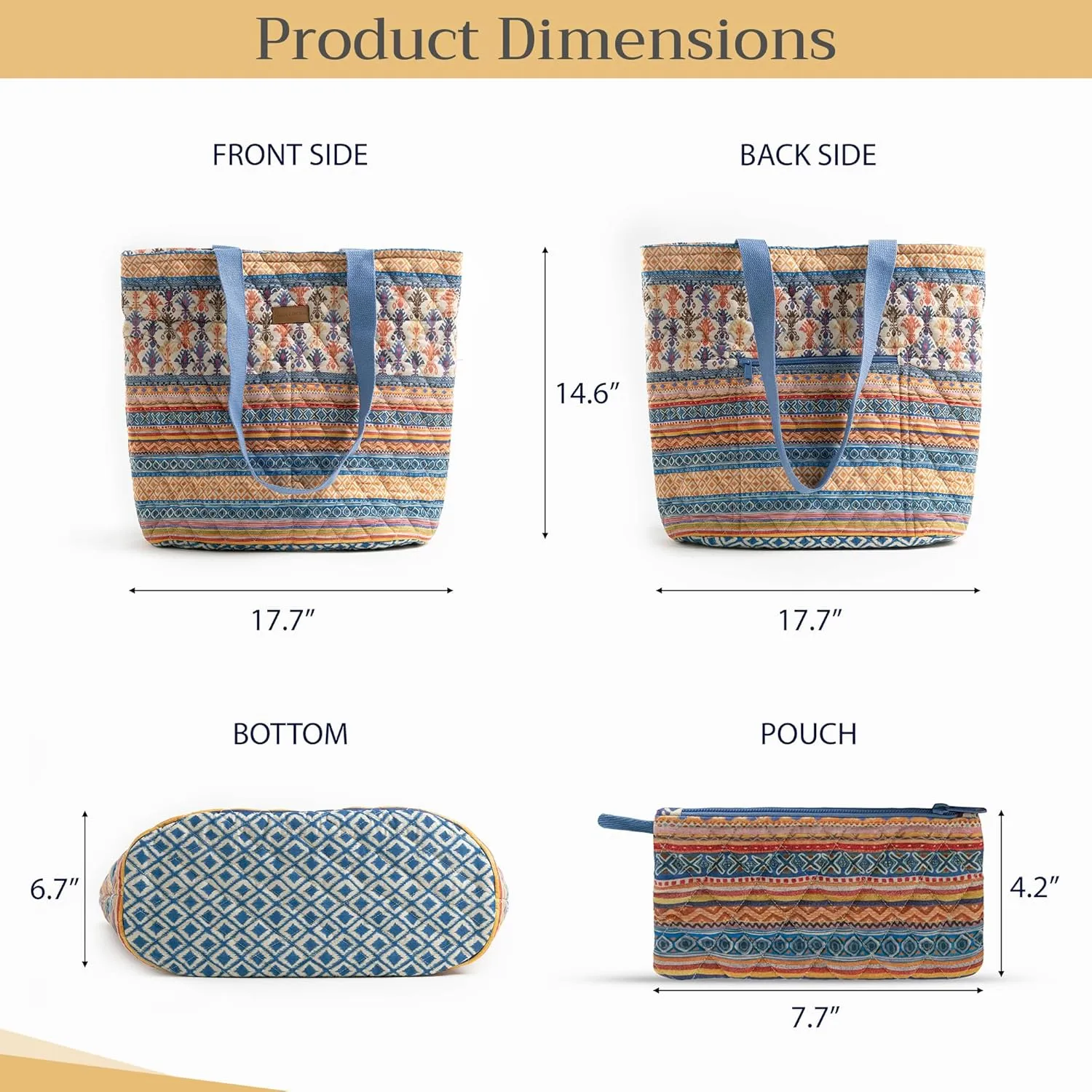 Maison d' Hermine Shopping Bag Cotton Quilted Tote Bag with Zipper Pockets & Small Pouch Grocery Bag for Work Travel Lunch