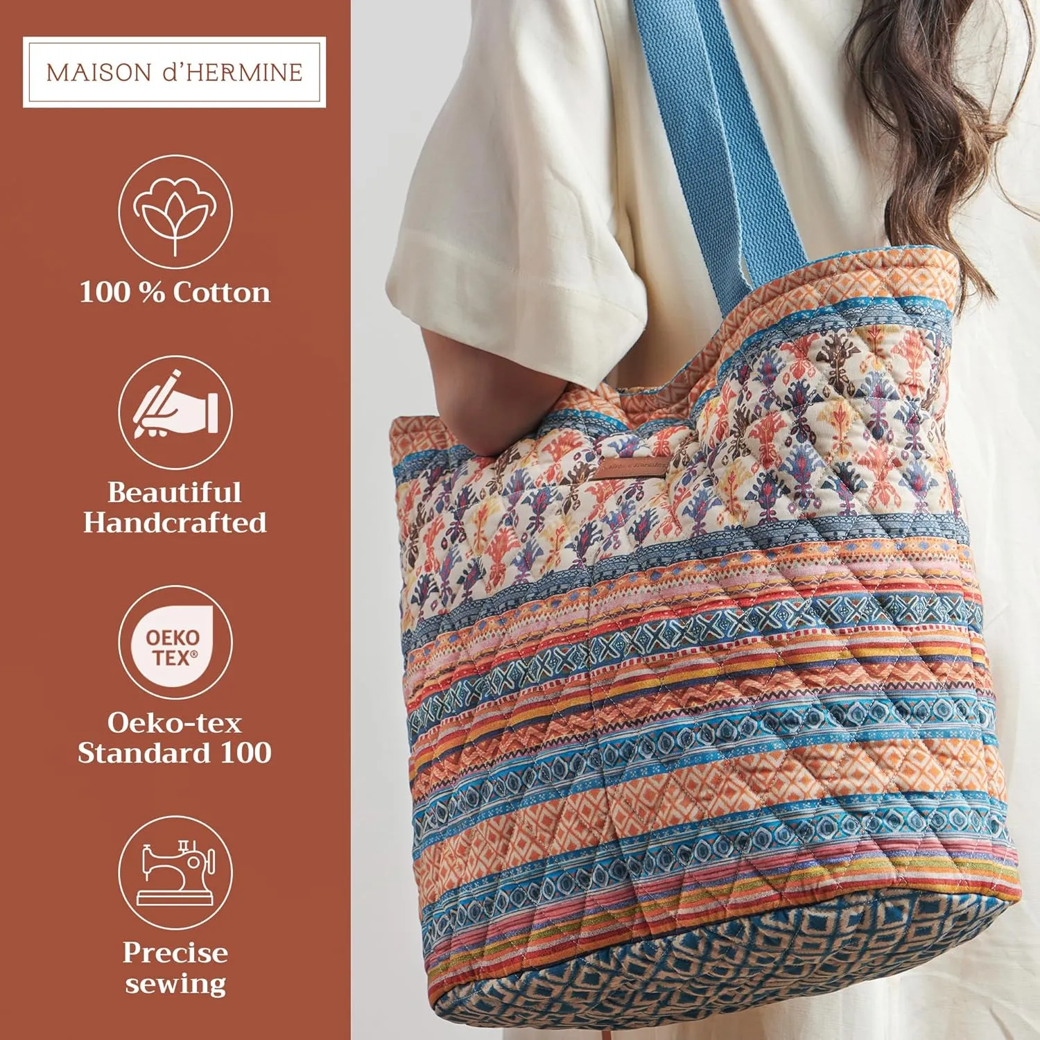 Maison d' Hermine Shopping Bag Cotton Quilted Tote Bag with Zipper Pockets & Small Pouch Grocery Bag for Work Travel Lunch