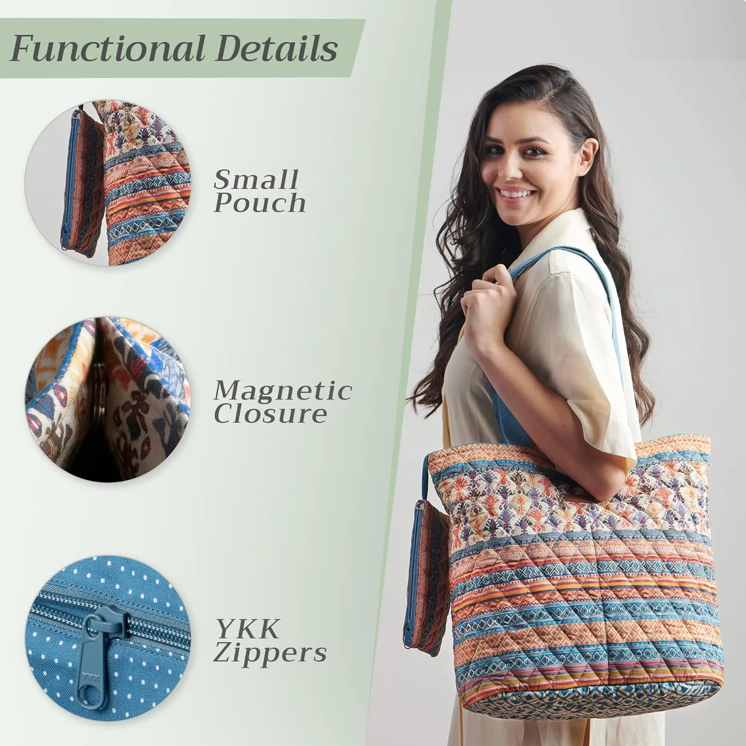 Maison d' Hermine Shopping Bag Cotton Quilted Tote Bag with Zipper Pockets & Small Pouch Grocery Bag for Work Travel Lunch