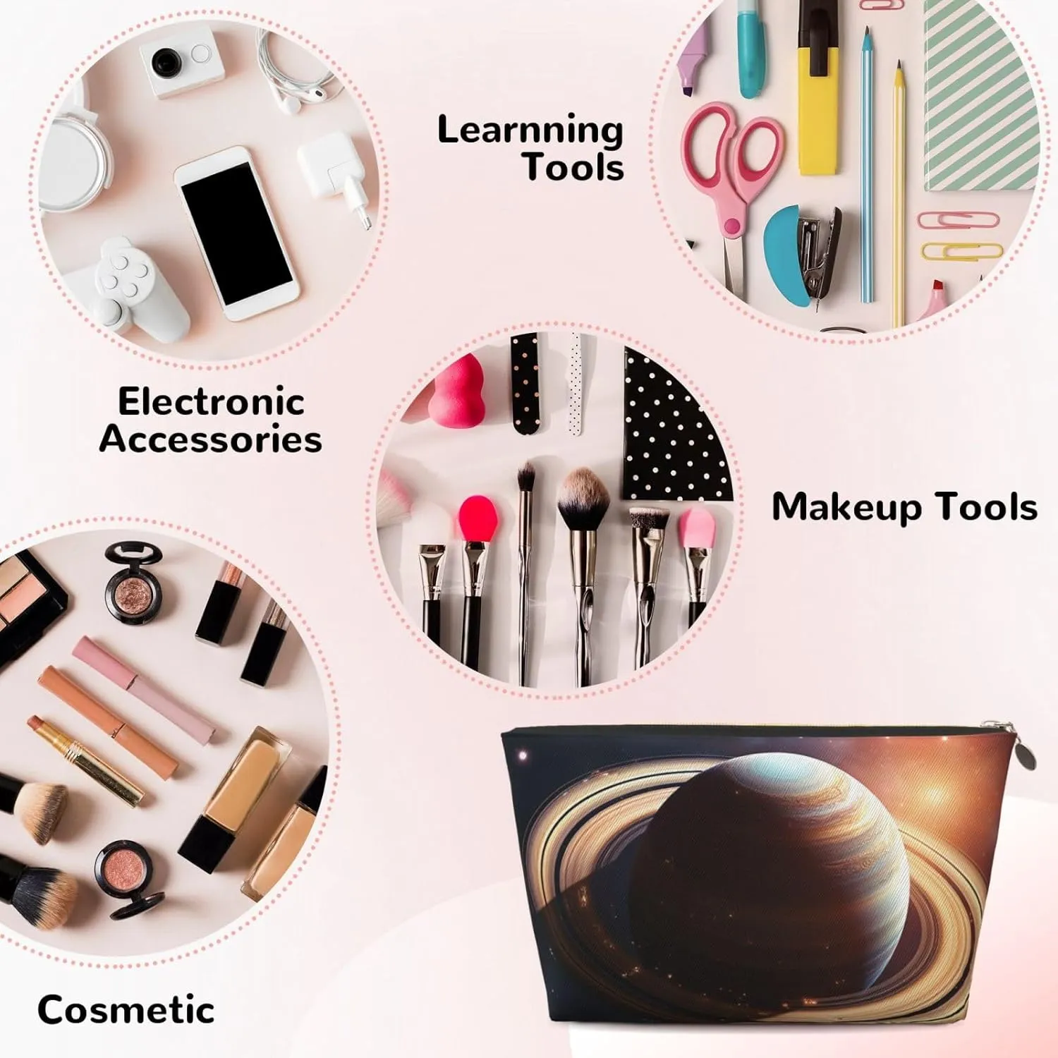 Makeup Bag for Women Saturn Ring Travel Cosmetic Bag Large Capacity Portable Makeup Organizer Bags PU Leather Waterproof Toiletry Bag Cute Aesthetic Zipper Makeup Pouch